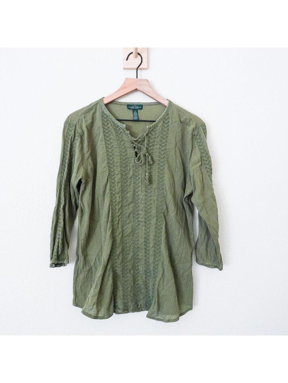 Ralph Lauren Top Women's M Olive Green Embroidered V Neck
